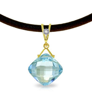 14K. GOLD & LEATHER NECKLACE W/ DIAMOND & BLUE TOPAZ (Yellow Gold)